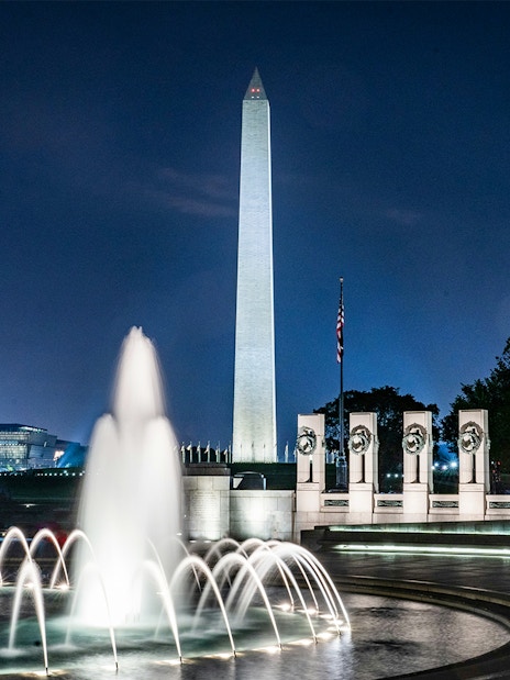 World War 2 Memorial and Washington Monument at night, Washington, DC.
