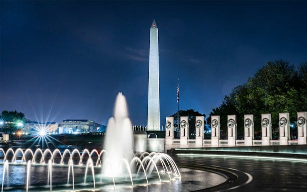 World War 2 Memorial and Washington Monument at night, Washington, DC.