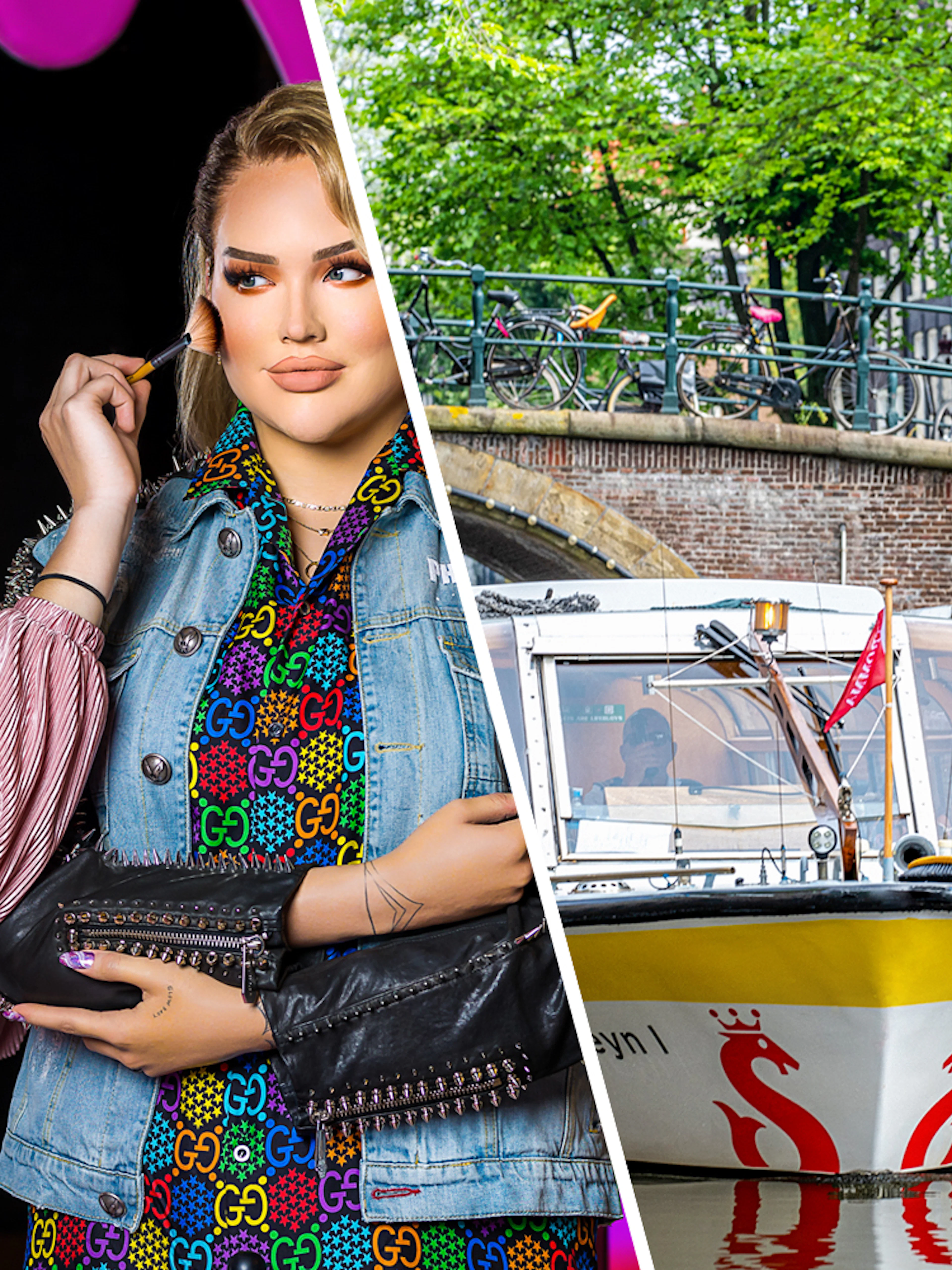 Madame Tussauds Amsterdam wax figure and Amsterdam canal sightseeing boat.