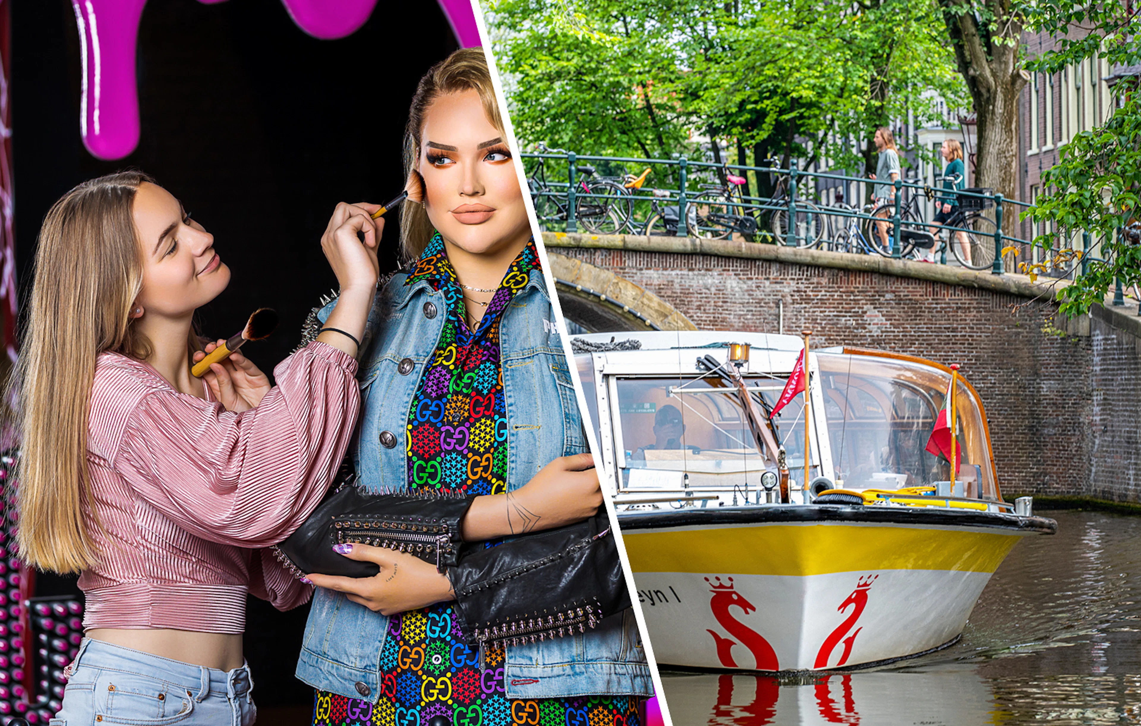 Madame Tussauds Amsterdam wax figure and Amsterdam canal sightseeing boat.