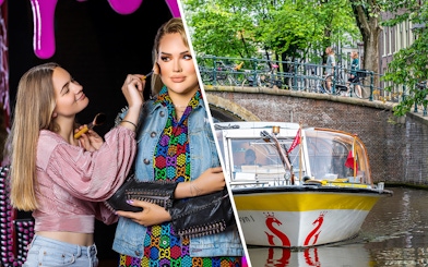 Madame Tussauds Amsterdam wax figure and Amsterdam canal sightseeing boat.