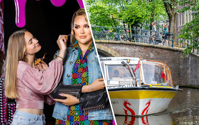 Madame Tussauds Amsterdam wax figure and Amsterdam canal sightseeing boat.