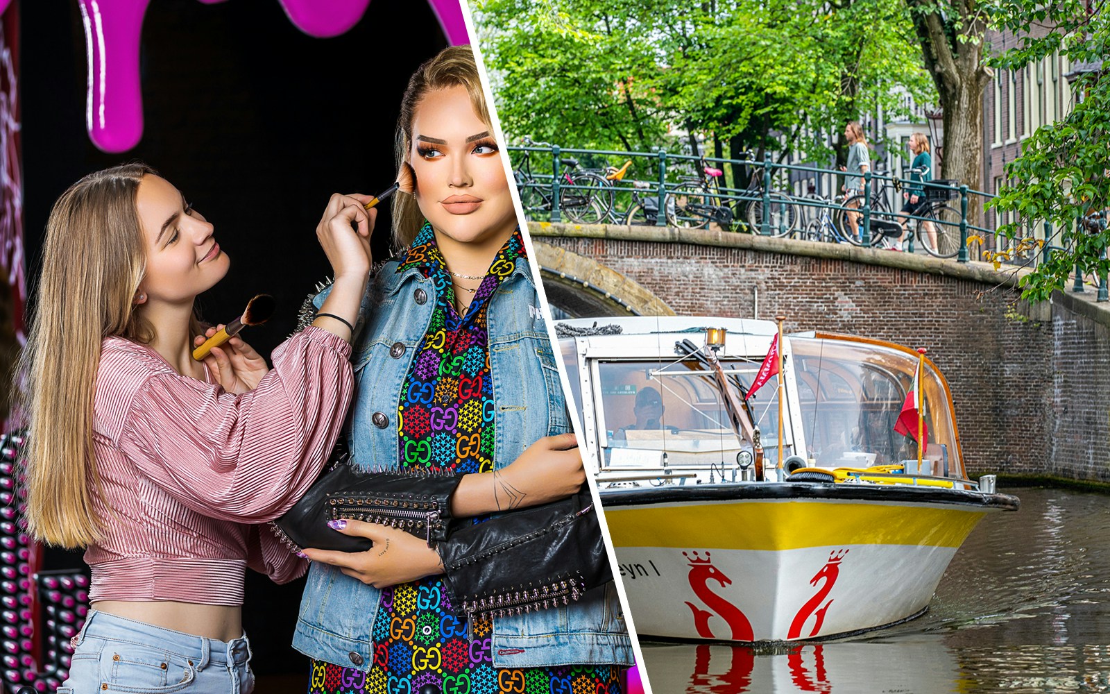 Madame Tussauds Amsterdam wax figure and Amsterdam canal sightseeing boat.