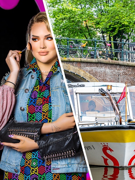 Madame Tussauds Amsterdam wax figure and Amsterdam canal sightseeing boat.