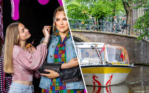 Madame Tussauds Amsterdam wax figure and Amsterdam canal sightseeing boat.