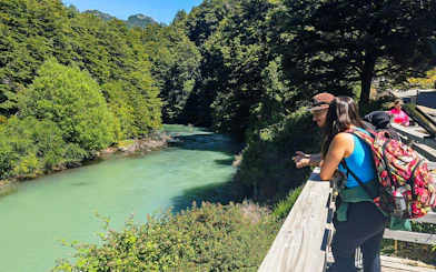 Visitors on a wooden walkway overlooking a river near Los Cántaros Waterfall, Patagonia.