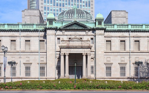 Bank of Japan building viewed during Osaka Sky Vista bus tour.