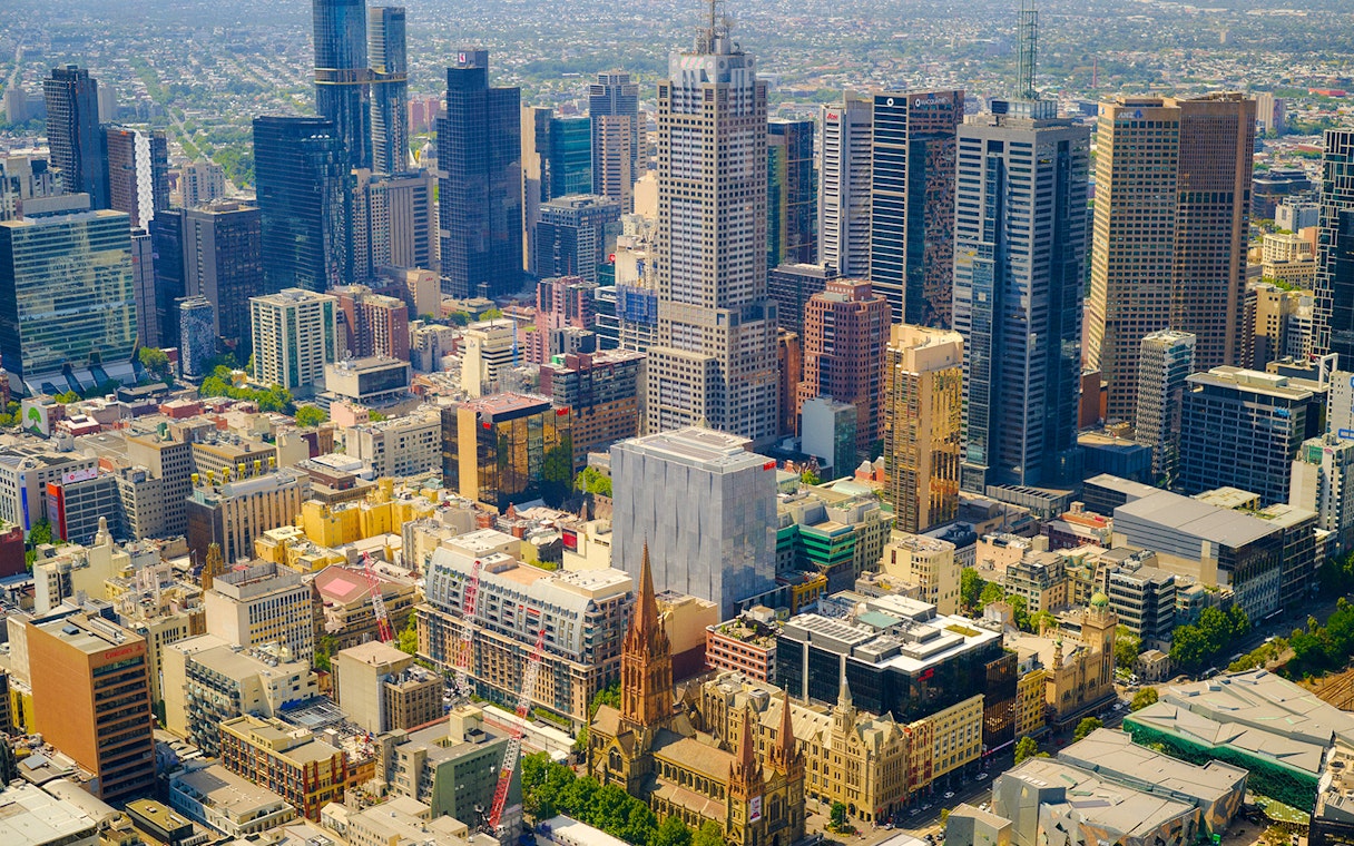 Daytime view of Melbourne cityscape from Melbourne Skydeck dining experience.