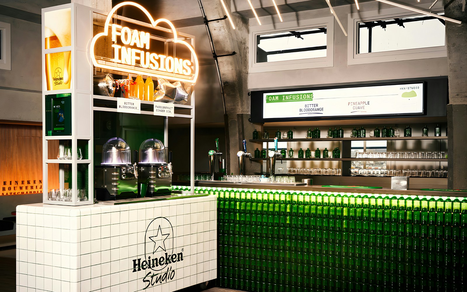 Heineken Experience bar with foam infusions display in Amsterdam.