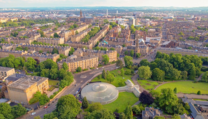 Aerial view of Glasgow's West End featuring the Botanic Gardens and surrounding architecture.