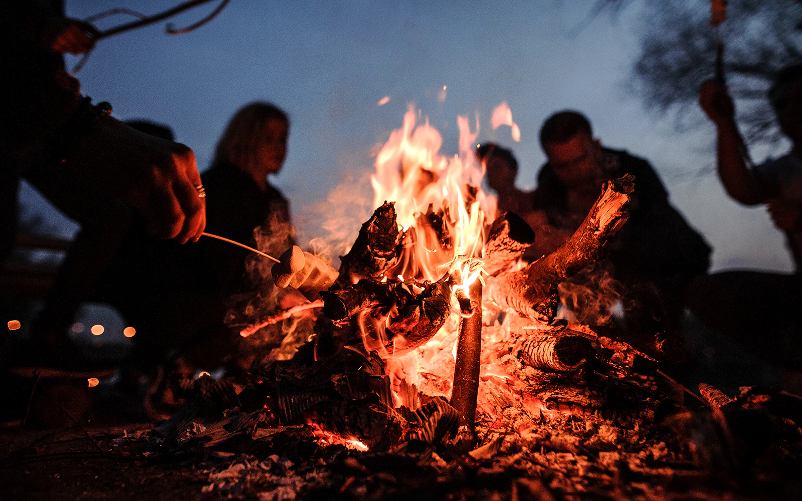 Campfire with people roasting marshmallows at dusk.