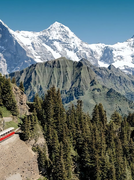 Train ascending Mount Rigi with snow-capped peaks in the background, view from Lucerne day pass.