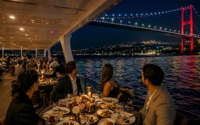 Guests dining on a yacht with a view of the illuminated Bosphorus Bridge at sunset, Istanbul.