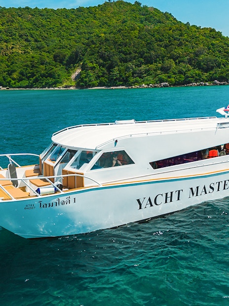 Premium speed catamaran cruising near lush green island.