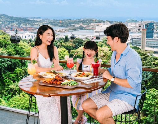 Tourists dining on Singapore Cable Car Sky Pass with city skyline view.
