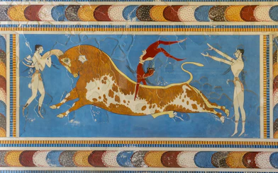Bull-leaping fresco at Knossos Palace depicting acrobats and a bull.