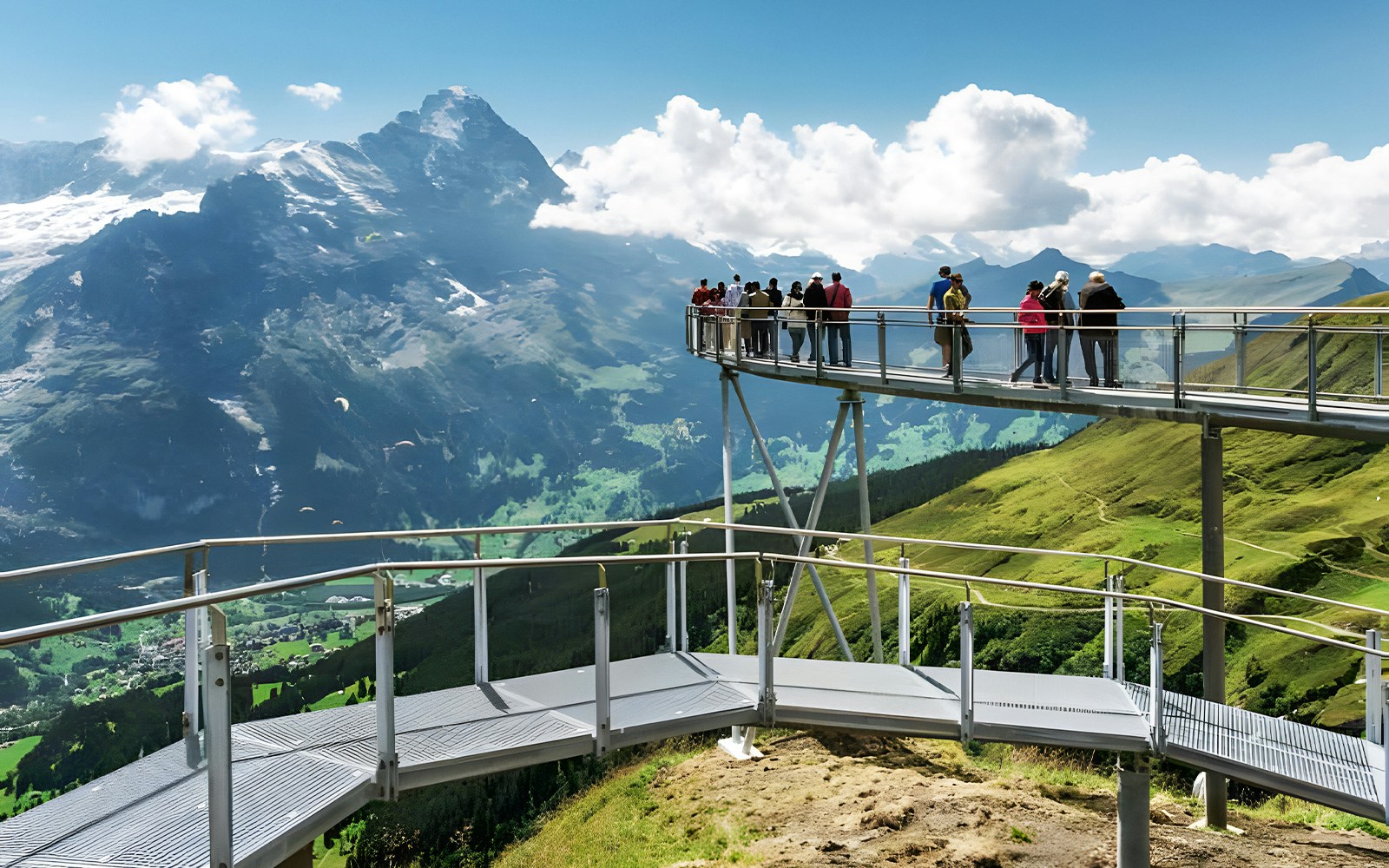 Cable car ascending to Grindelwald First with panoramic views of Swiss Alps, part of Lucerne adventure tour.