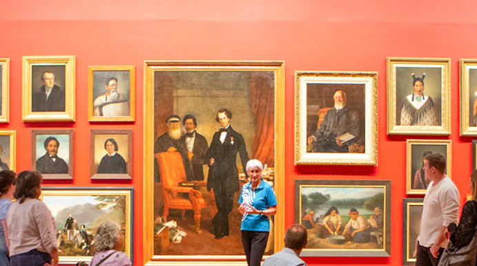 Group tour in an art gallery with visitors observing classic paintings on a red wall.