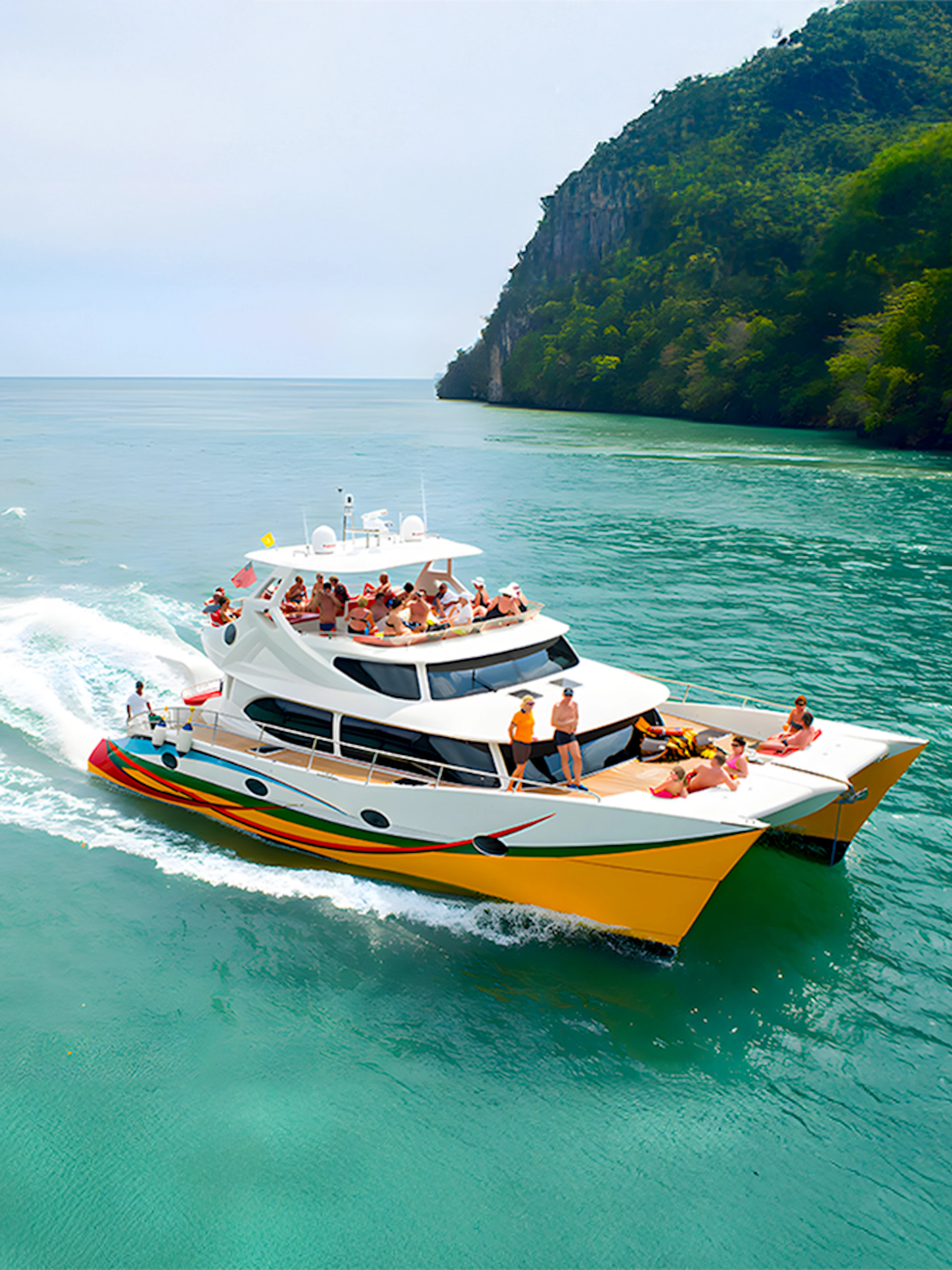 People enjoying a Langkawi sunset cruise on a catamaran near lush cliffs.