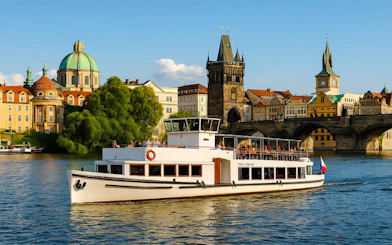 Prague river cruise boat passing Charles Bridge with historic buildings in the background.