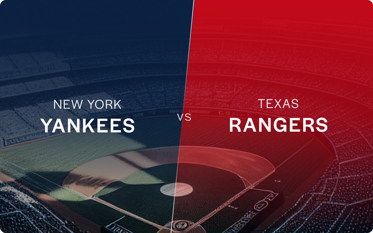 New York Yankees vs Texas Rangers baseball game graphic.