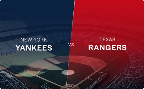 New York Yankees vs Texas Rangers baseball game graphic.