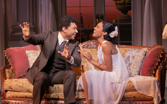 Actors performing a scene from The Great Gatsby musical on Broadway.