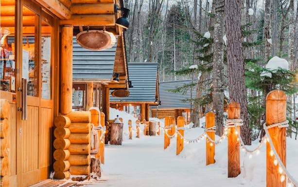 Log cabins in snowy Hokkaido forest, part of Asahiyama Zoo & Blue Pond tour.