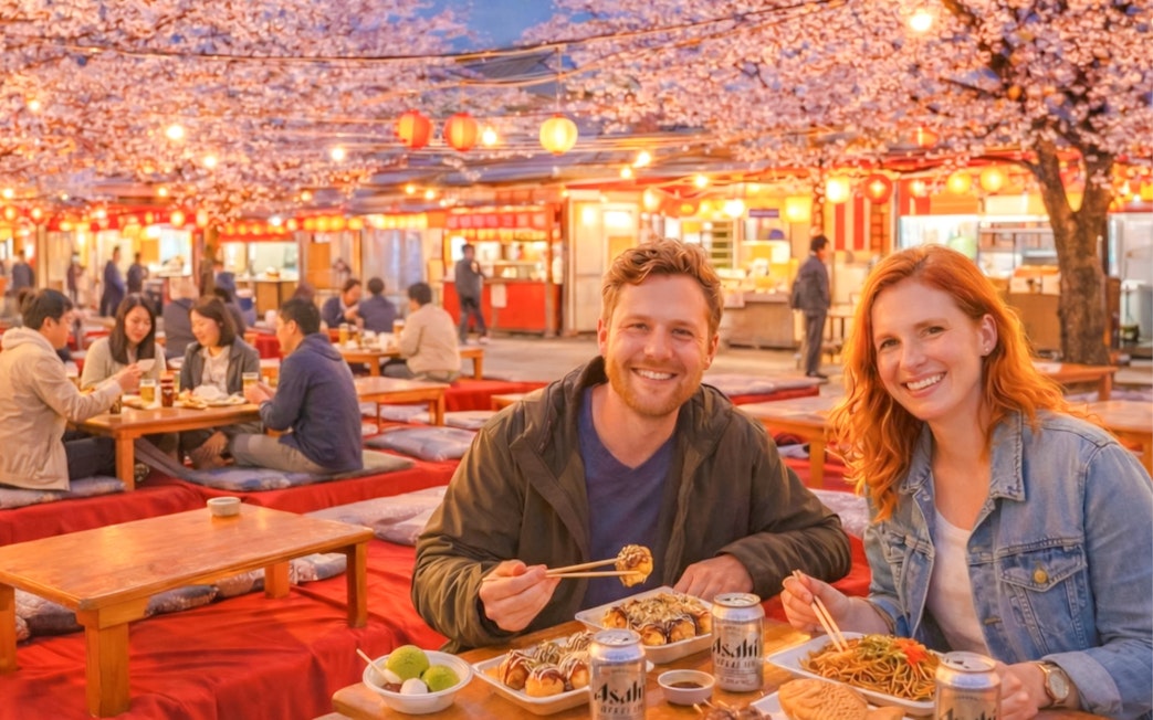Couple enjoying food under cherry blossoms at a Japanese Hanami festival.