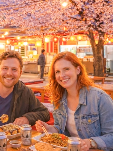 Couple enjoying food under cherry blossoms at a Japanese Hanami festival.