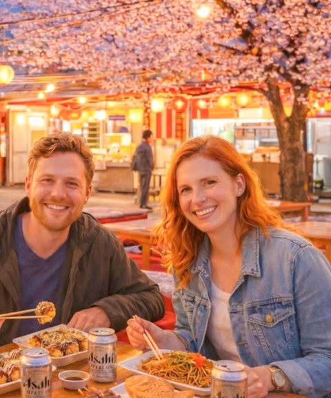 Couple enjoying food under cherry blossoms at a Japanese Hanami festival.