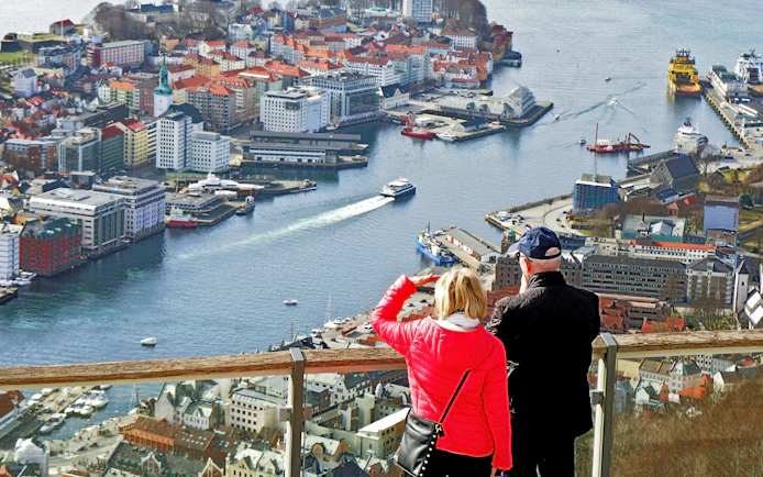 View of Bergen cityscape from Mount Floyen with Floibanen cable car, Norway.