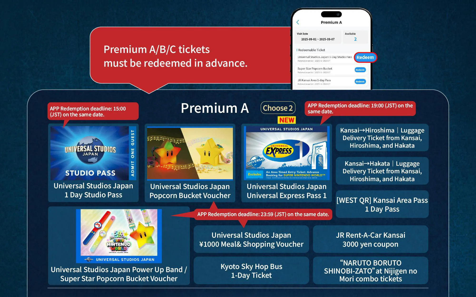 Universal Studios Japan Express Pass options and redemption details.