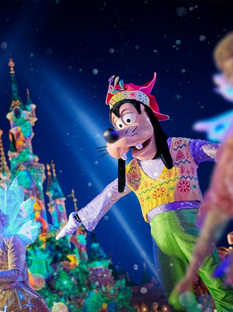 Disneyland Paris night show with Goofy and performers in front of illuminated castle.