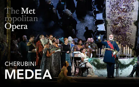 Medea performance at the Metropolitan Opera, featuring a cast in period costumes on stage.