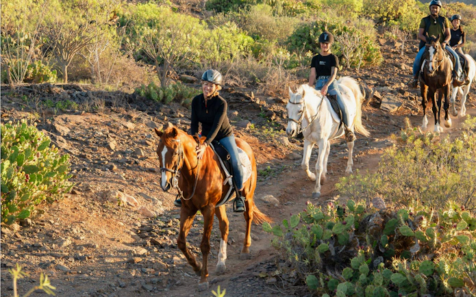 Horseback riders on a volcanic trail in Gran Canaria, surrounded by desert vegetation.
