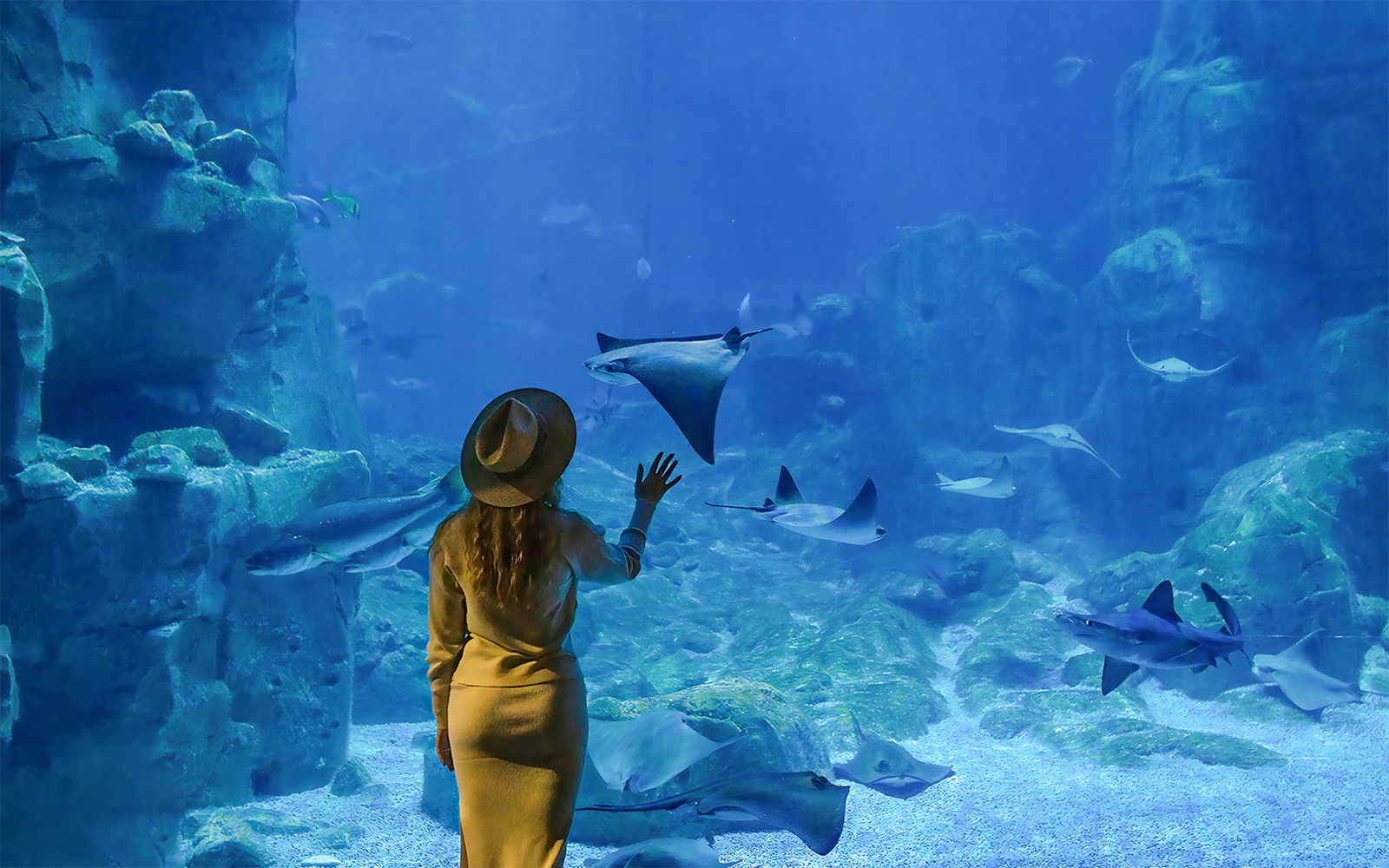 Woman observing rays and fish at Lisbon Oceanarium's Tropical Indian reefs exhibit.