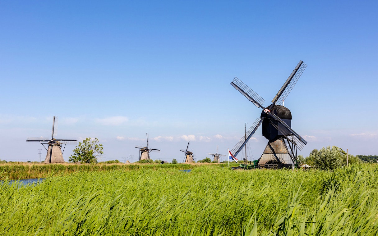 Windmills at Kinderdijk with lush green fields and clear blue sky.