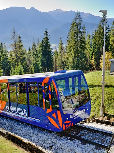 Cable car ascending in Tatra Mountains, Zakopane, surrounded by trees and mountain views.