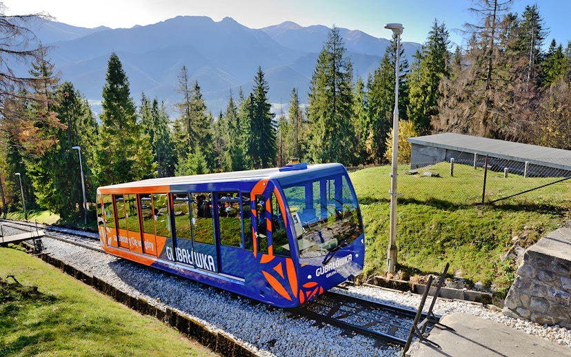 Cable car ascending in Tatra Mountains, Zakopane, surrounded by trees and mountain views.