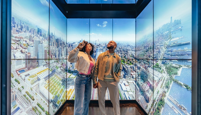Tourist exploring Edge observation deck in New York