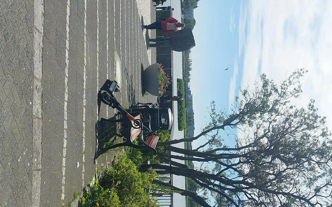 Reykjavík waterfront path with benches and trees, part of self-guided city exploration game.