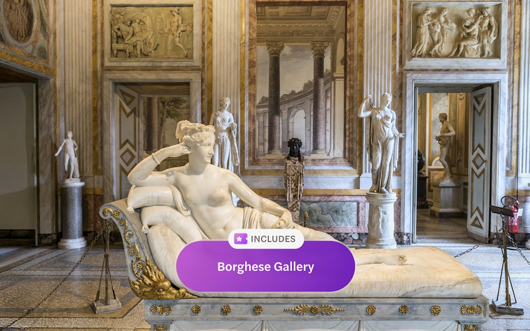 Sculpture in Borghese Gallery, Rome, with classical art and architecture in the background.