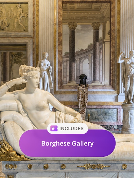 Sculpture in Borghese Gallery, Rome, with classical art and architecture in the background.