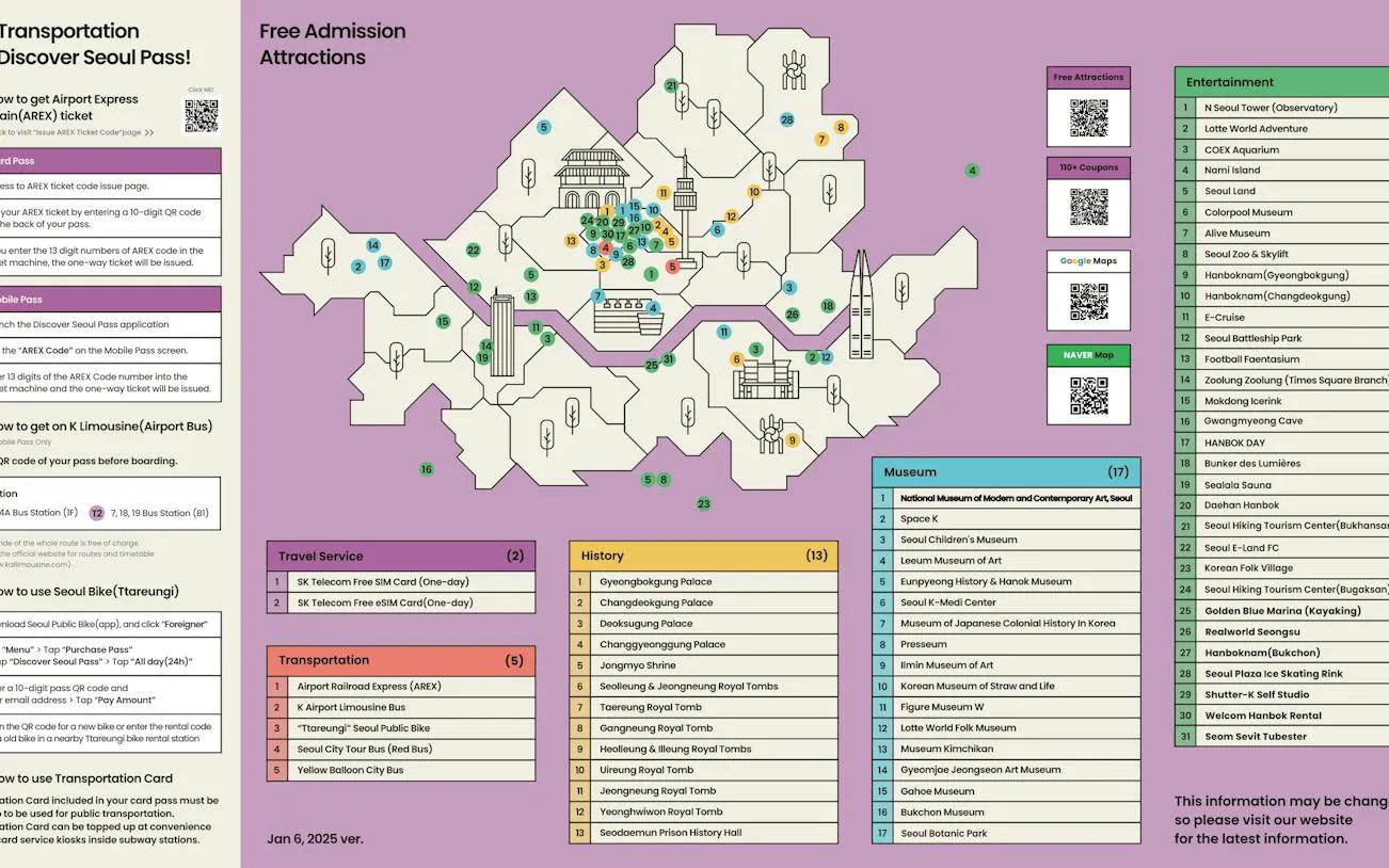 Seoul attractions map with museums, historical sites, and entertainment options for Discover Seoul Pass 72 hours.