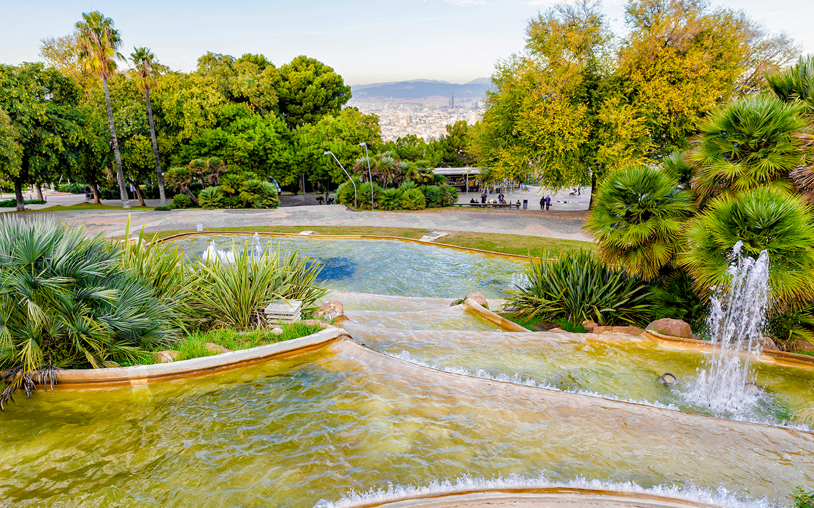 Gardens del Mirador de Alcalde with fountains and city view, near Montjuic Castle, Barcelona.