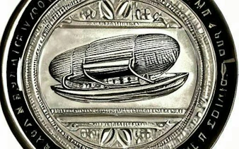 Zeppelin illustration on a vintage coin, part of Bucharest self-guided city exploration game.