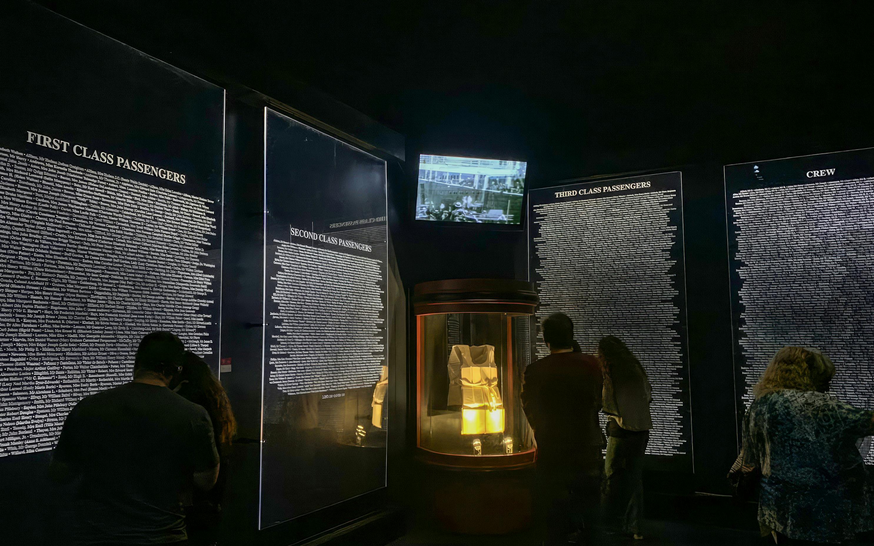 Passenger lists and life jacket display at Titanic: The Artifact Exhibition.