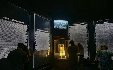 Passenger lists and life jacket display at Titanic: The Artifact Exhibition.