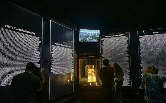 Passenger lists and life jacket display at Titanic: The Artifact Exhibition.